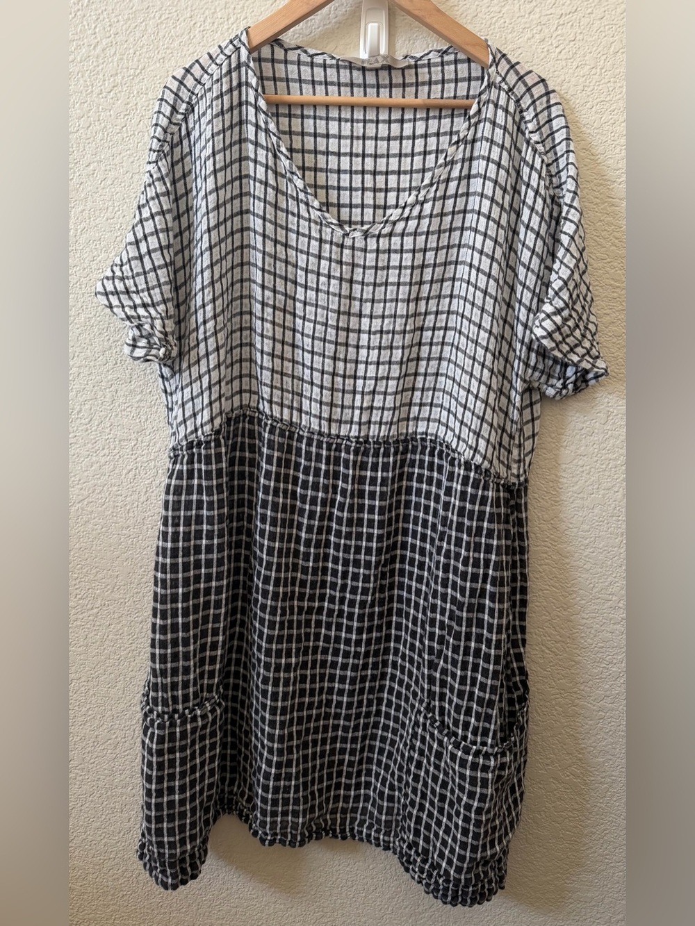 Flax Women’s LG (US 14-18) Black & White Windowpane 100% Linen T-shirt Dress